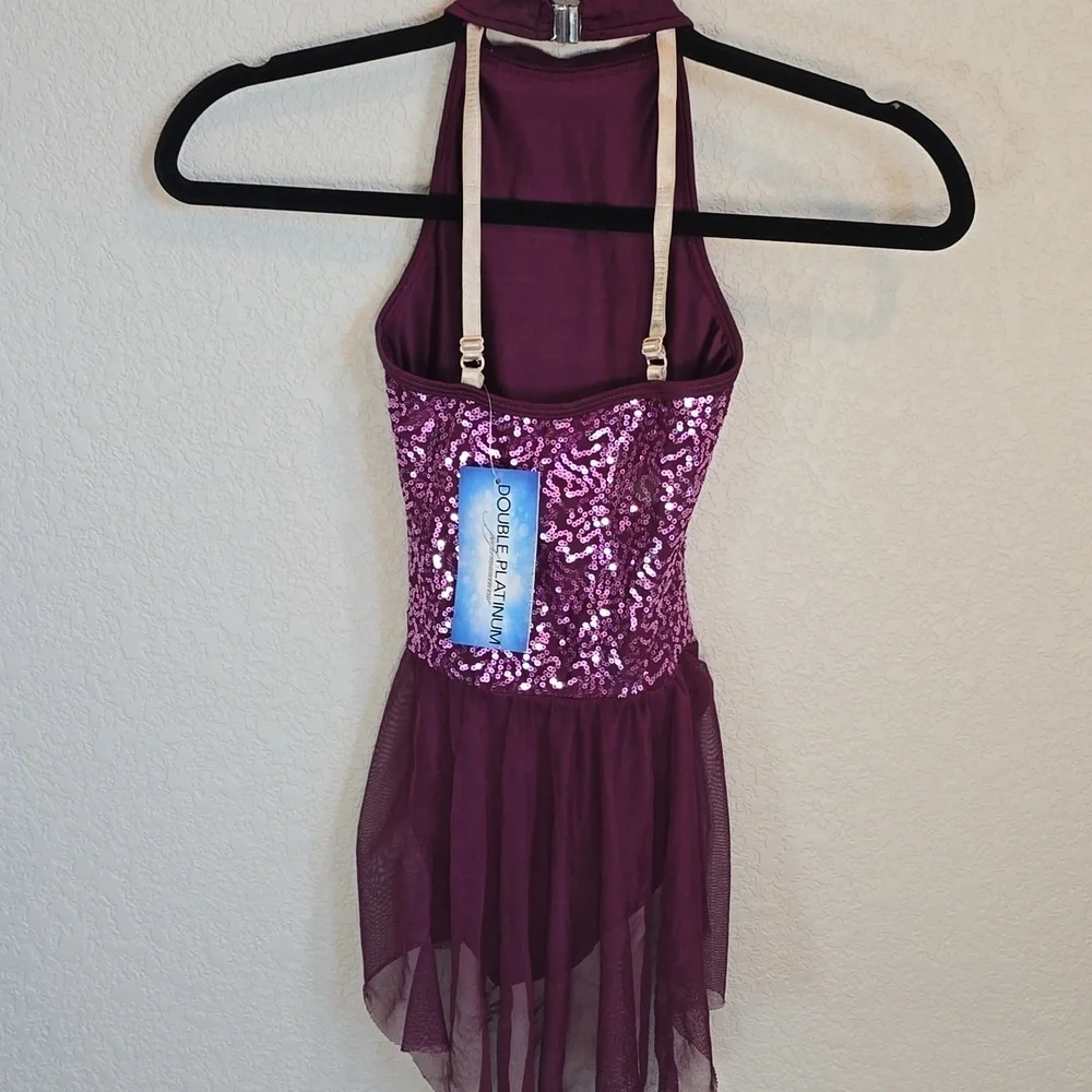 ​NWT Double Platinum Sequin Halter Dance Leotard with Mesh Skirt - Wine - MC